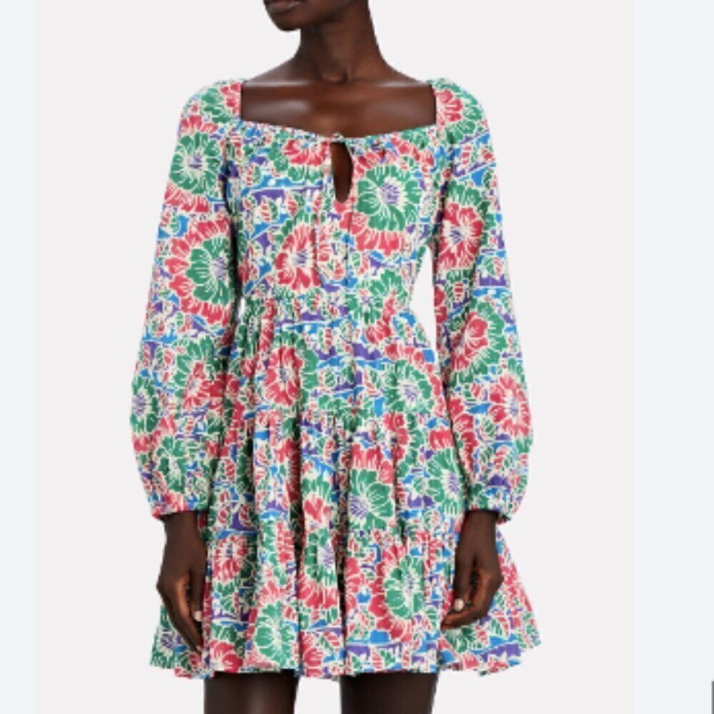 Rixo London Ruby Hibiscus Tropical Floral Metallic Mini Dress Keyhole Small